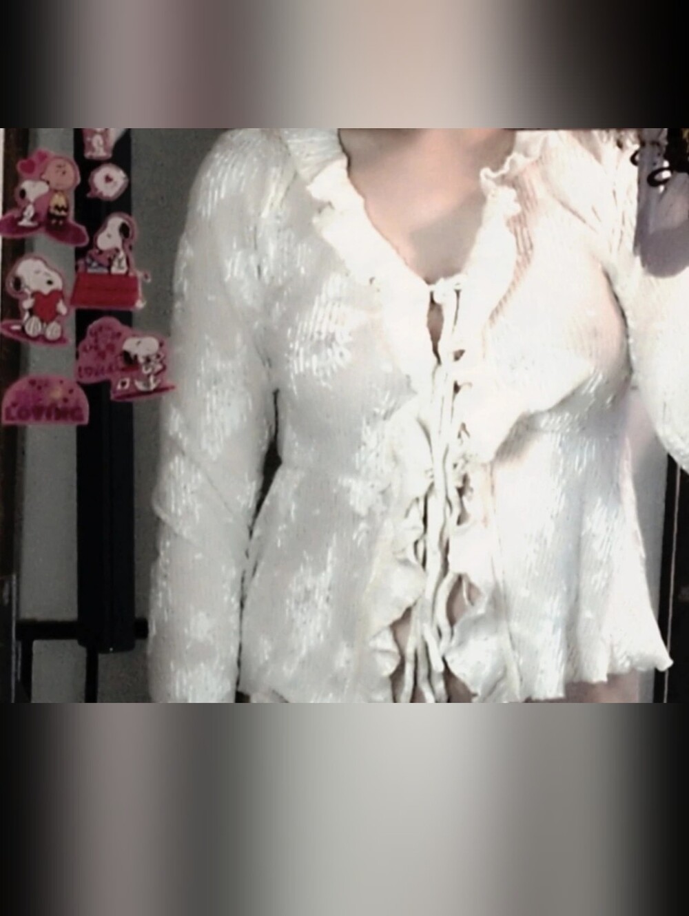 Women's Cream Ruffle Tie-Front Cardigan Sweater